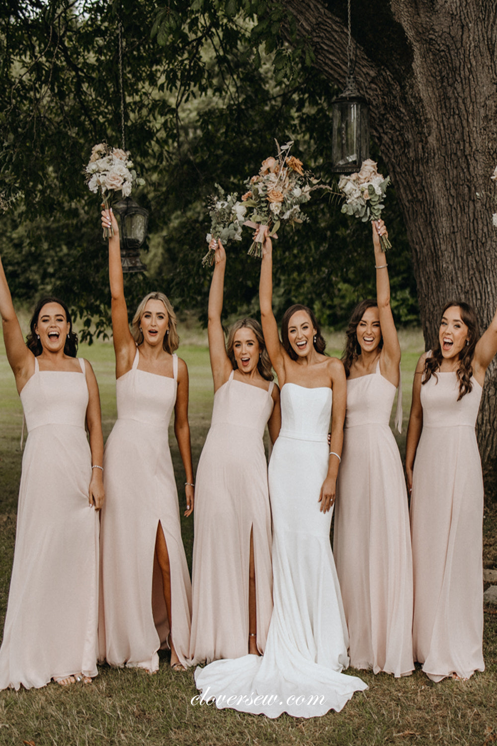 Light Pink Chiffon Sleeveless Column Side Slit Bridesmaid Dresses, CB0265