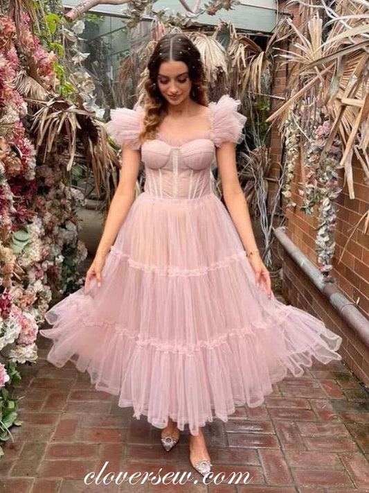 Light Pink Pleating Tulle Sweetheart Cap Sleeves Ankle Length Prom Dresses, CP1005