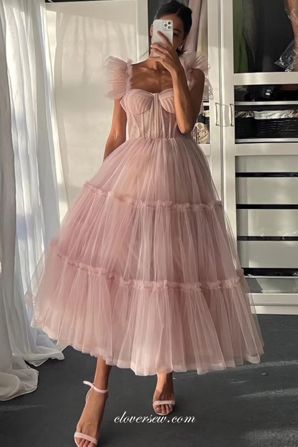 Light Pink Pleating Tulle Sweetheart Cap Sleeves Ankle Length Prom Dresses, CP1005