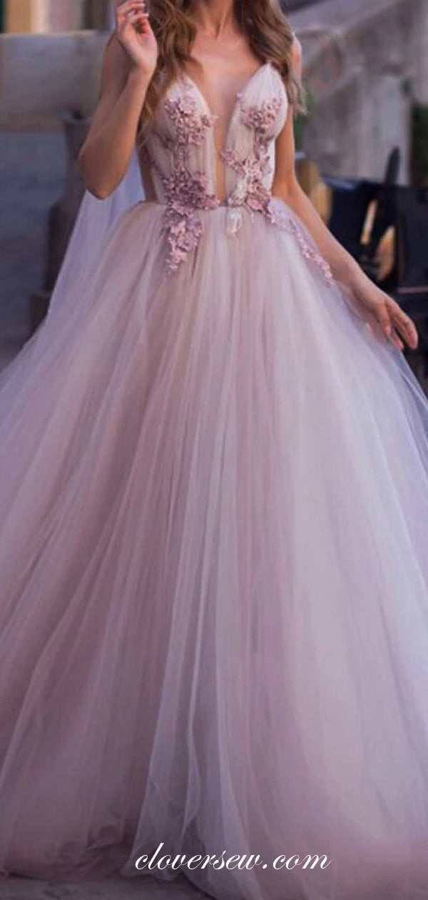 Light Pink Tulle Applique Sleeveless A-line With Train Wedding Dresses,CW0152