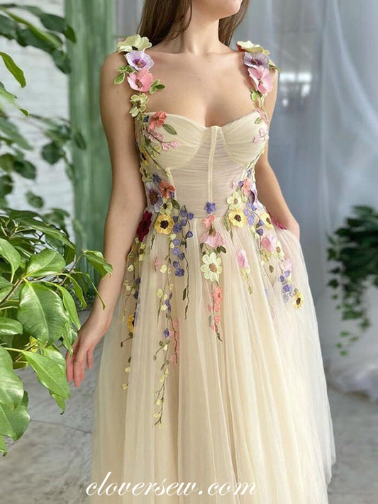 Light Yellow 3D Floral Applique Square Neck Sleeveless Short Party Dresses, CP1014