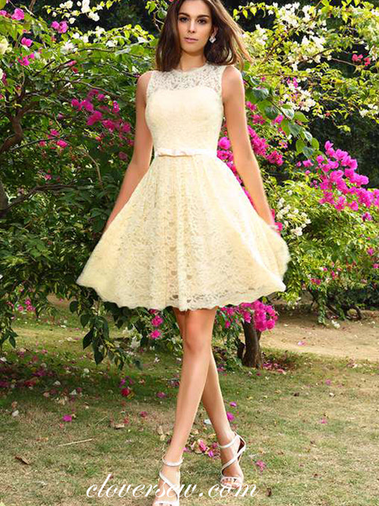 Light Yellow Lace Sleeveless A-line Short Homecoming Dresses, CH0007