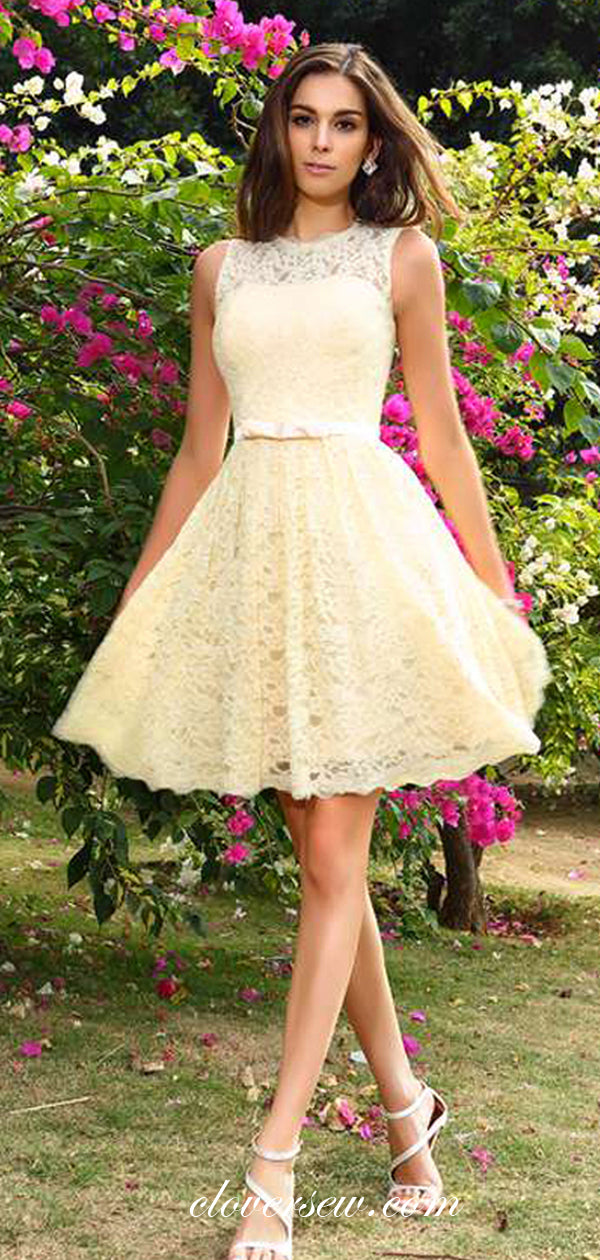 Light Yellow Lace Sleeveless A-line Short Homecoming Dresses, CH0007