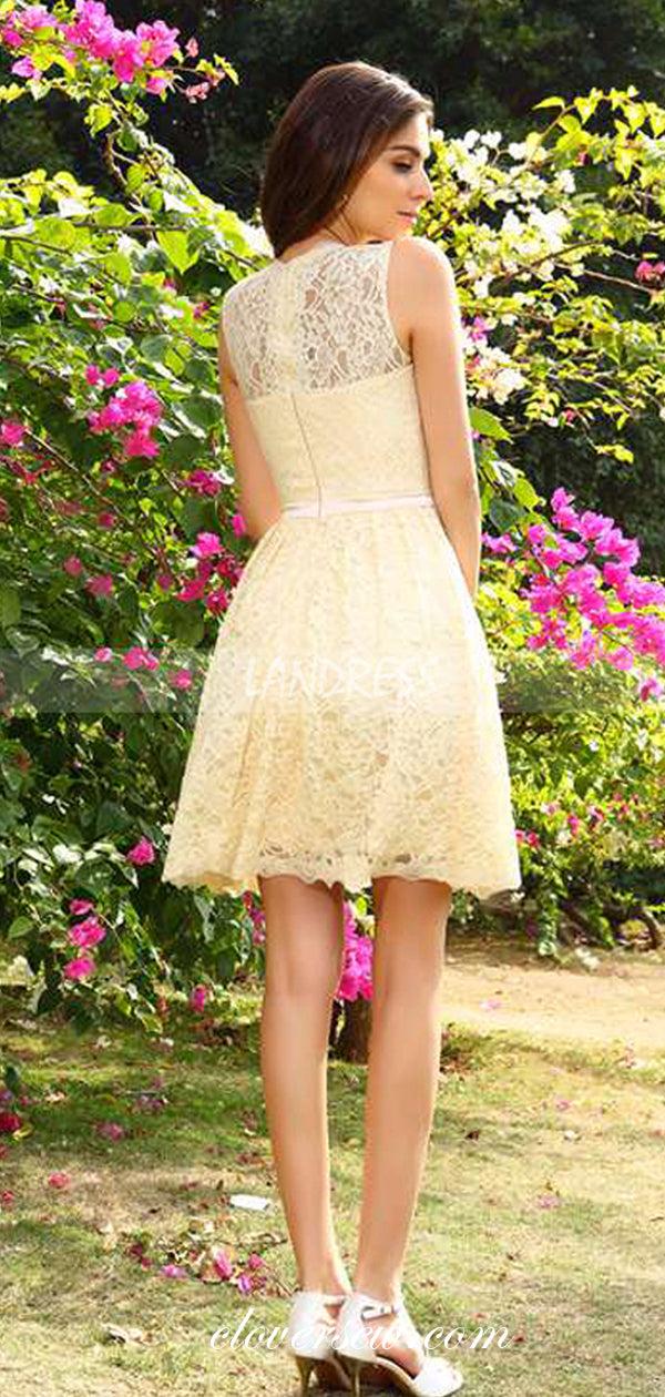 Light Yellow Lace Sleeveless A-line Short Homecoming Dresses, CH0007