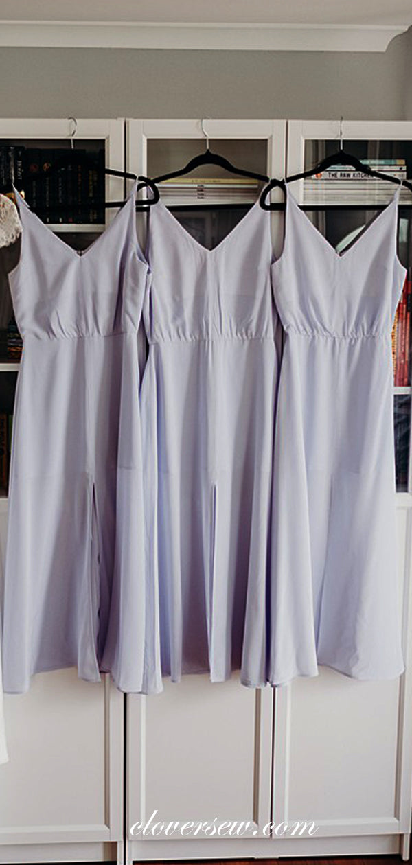 Light Blue Chiffon Spaghetti Strap Column Ankle Length Bridesmaid Dresses , CB0008