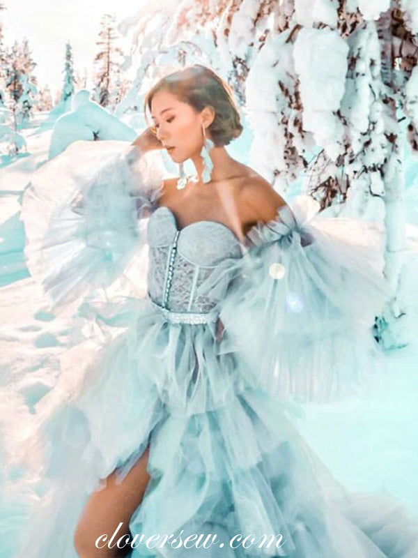 Light Blue Off The Shoulder Strapless Tiered A-line Prom Dresses, CP0108