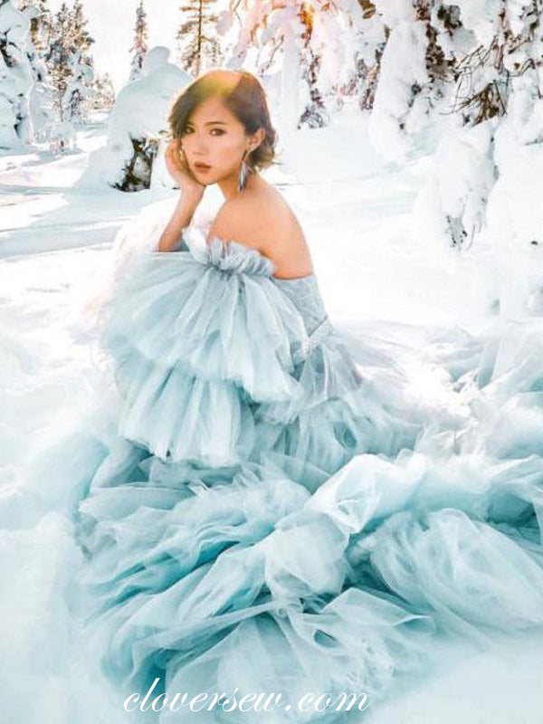Light Blue Off The Shoulder Strapless Tiered A-line Prom Dresses, CP0108