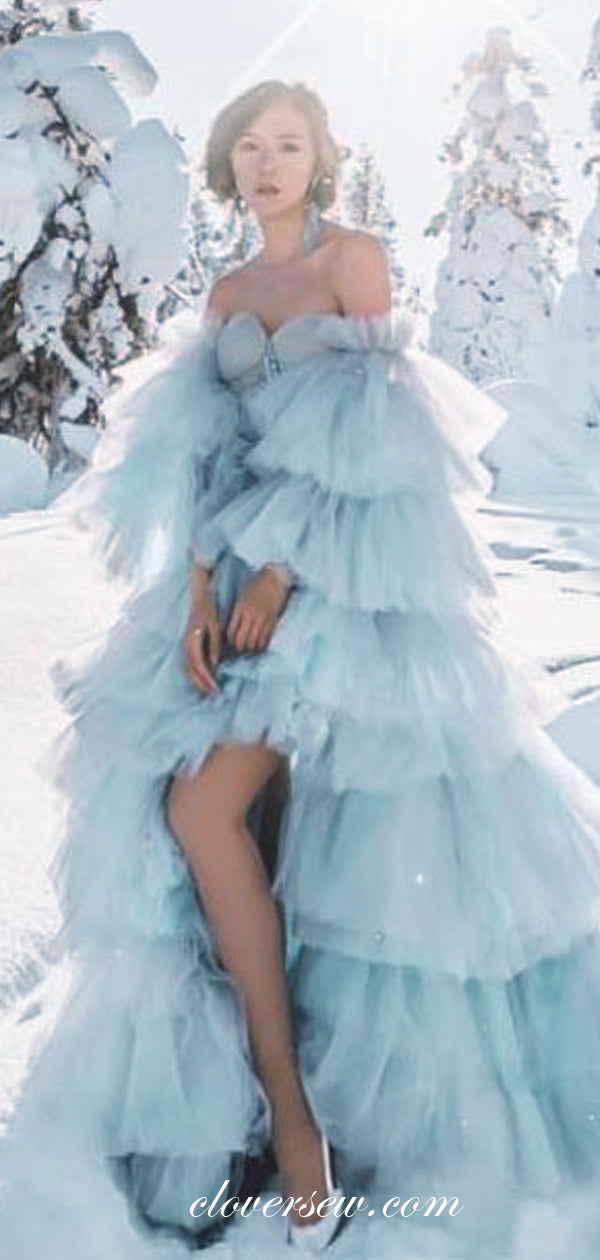 Light Blue Off The Shoulder Strapless Tiered A-line Prom Dresses, CP0108