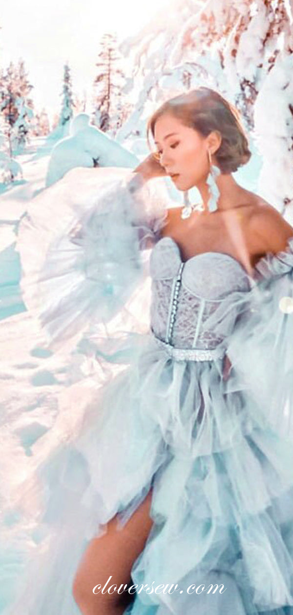 Light Blue Off The Shoulder Strapless Tiered A-line Prom Dresses, CP0108