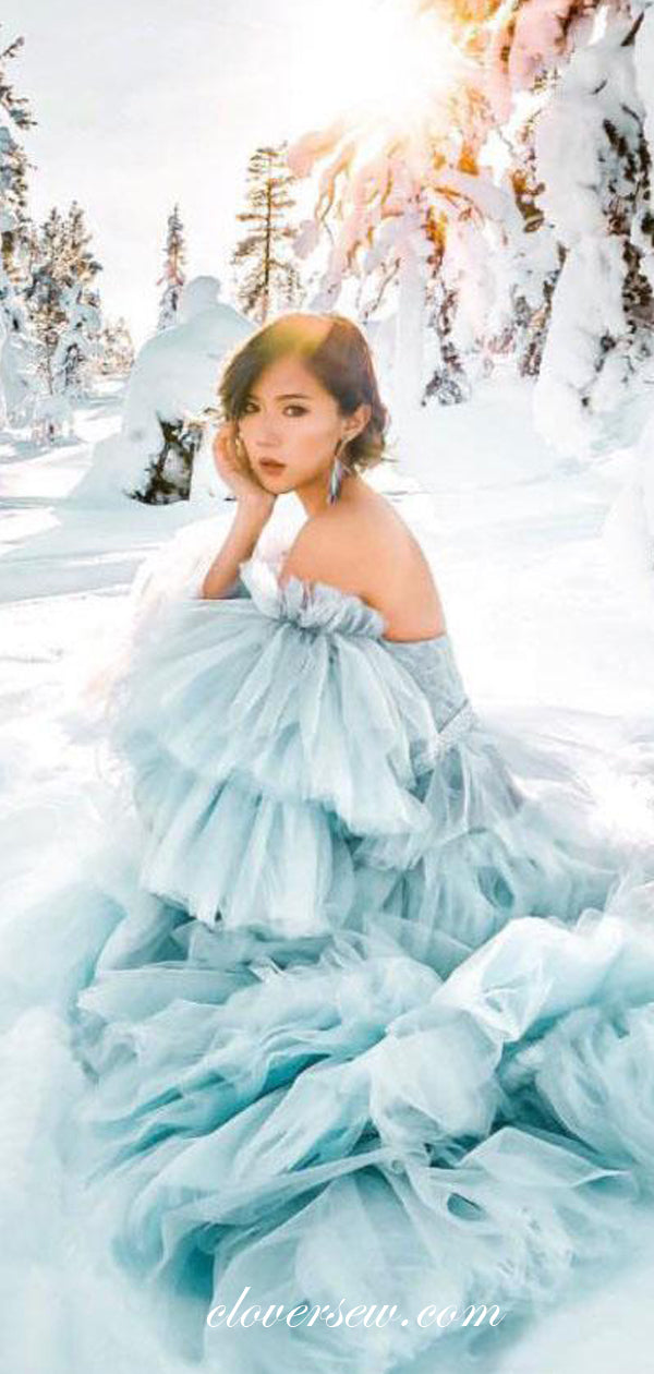 Light Blue Off The Shoulder Strapless Tiered A-line Prom Dresses, CP0108