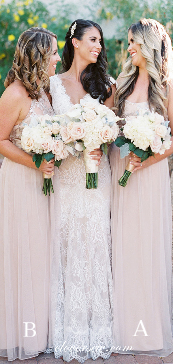 Light Blush Pink Tulle Lace Spaghetti Strap A-line Bridesmaid Dresses , CB0073