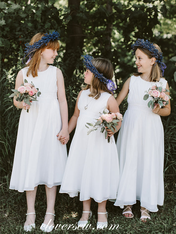 Light Ivory Chiffon Round Neck Sleeveless Simple Flower Girl Dresses, CF0003