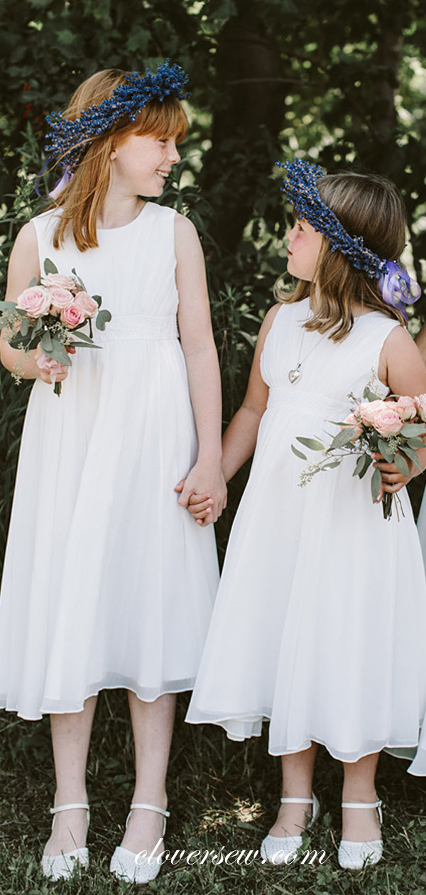 Light Ivory Chiffon Round Neck Sleeveless Simple Flower Girl Dresses, CF0003