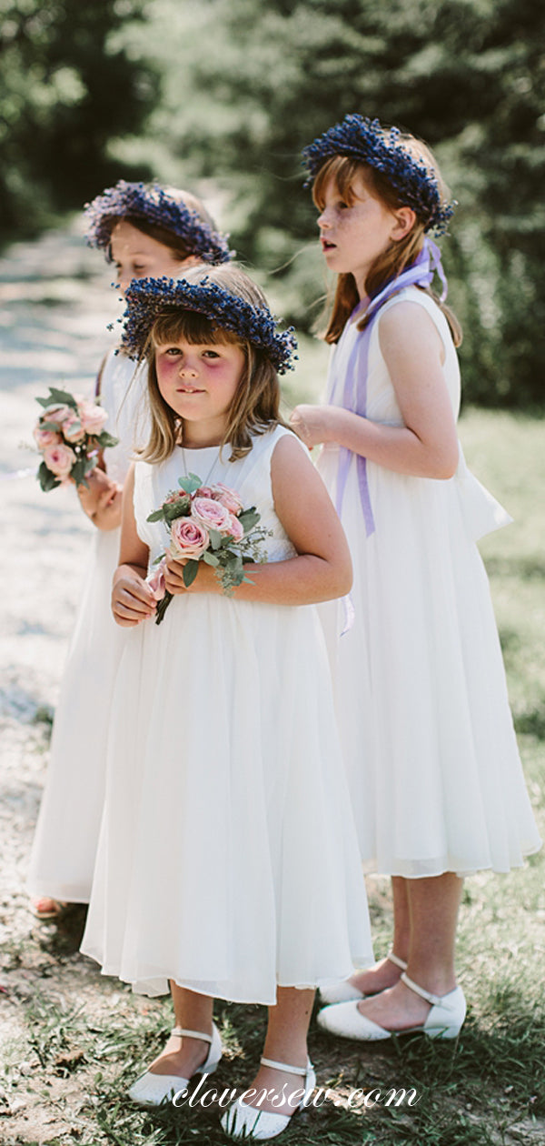 Light Ivory Chiffon Round Neck Sleeveless Simple Flower Girl Dresses, CF0003