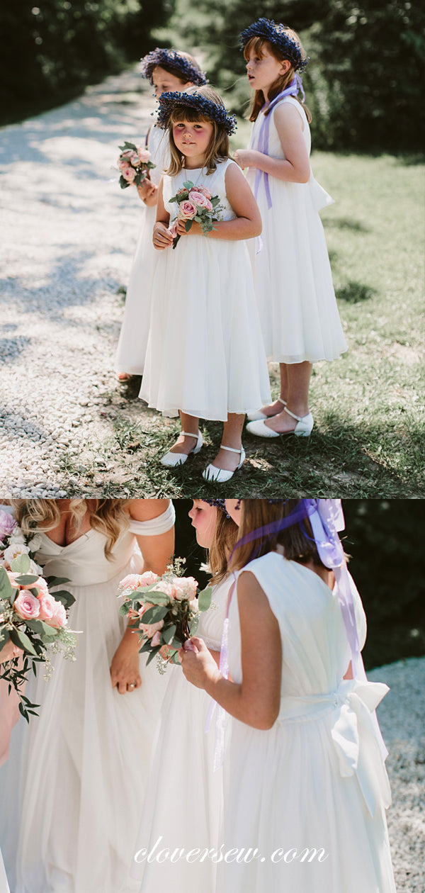 Light Ivory Chiffon Round Neck Sleeveless Simple Flower Girl Dresses, CF0003