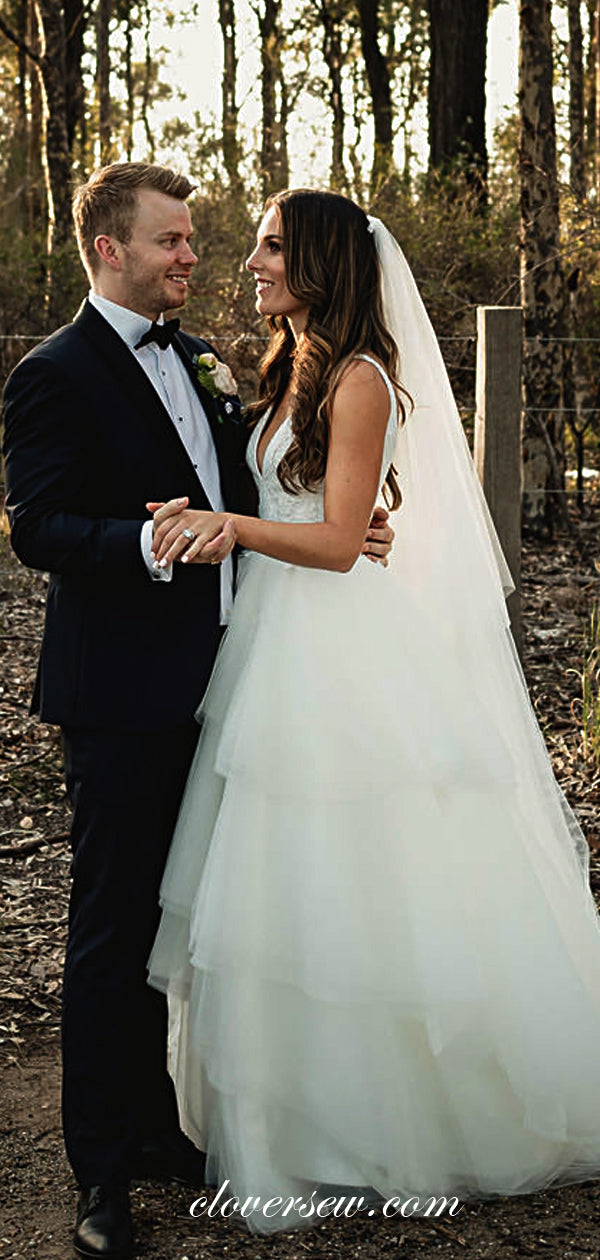 Light Ivory Tulle Applique Tiered A-line Country Wedding Dresses , CW0034