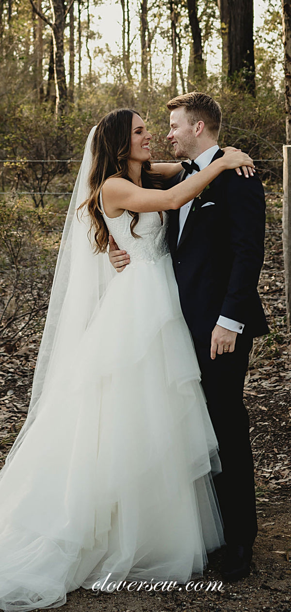 Light Ivory Tulle Applique Tiered A-line Country Wedding Dresses , CW0034