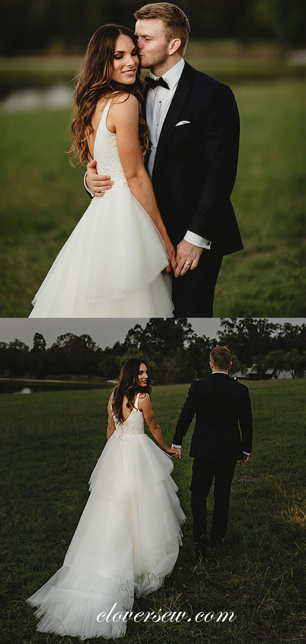 Light Ivory Tulle Applique Tiered A-line Country Wedding Dresses , CW0034