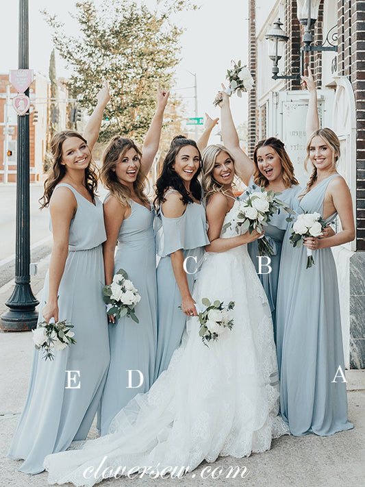 Light Pale Blue Chiffon Mismatched A-line Long Bridesmaid Dresses, CB0058