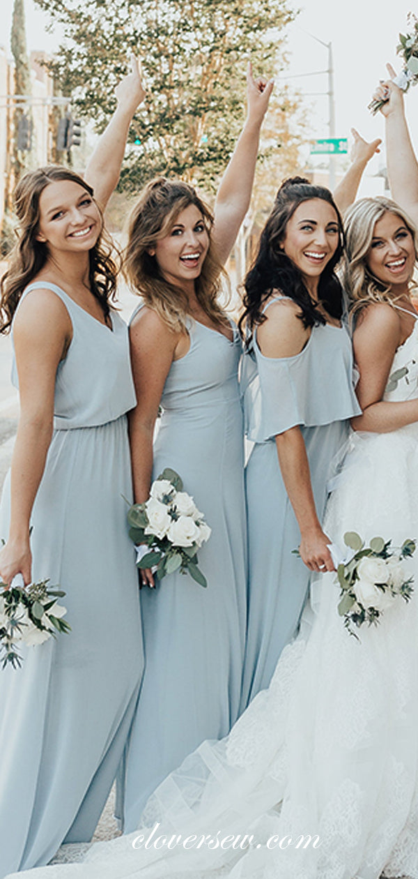 Light Pale Blue Chiffon Mismatched A-line Long Bridesmaid Dresses, CB0058