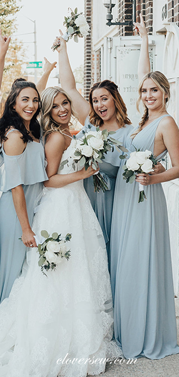 Light Pale Blue Chiffon Mismatched A-line Long Bridesmaid Dresses, CB0058