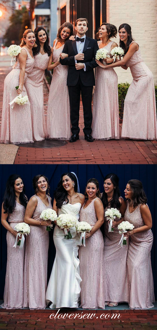 Light Pink Silver Sequin Sleeveless Column Long Bridesmaid Dresses , CB0007 Light Pink Silver Sequin Sleeveless Column Long Bridesmaid Dresses , CB0007