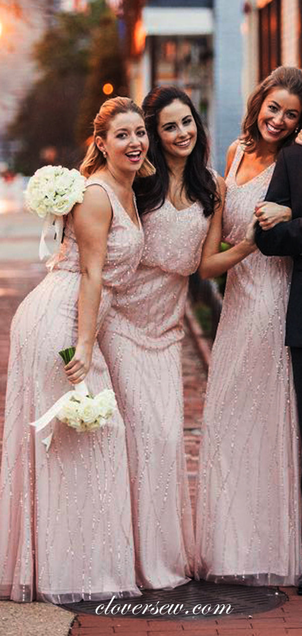 Light Pink Silver Sequin Sleeveless Column Long Bridesmaid Dresses , CB0007