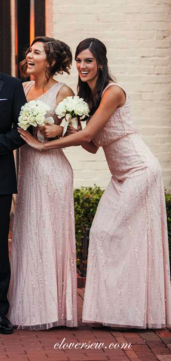 Light Pink Silver Sequin Sleeveless Column Long Bridesmaid Dresses , CB0007