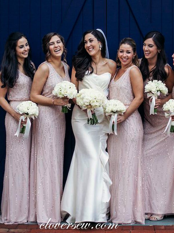 Light Pink Silver Sequin Sleeveless Column Long Bridesmaid Dresses , CB0007