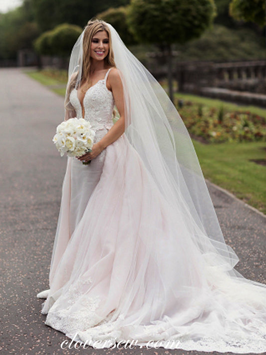 Light Pink Tulle Lace Detachable Skirt Spaghetti Strap Wedding Dresses, CW0058
