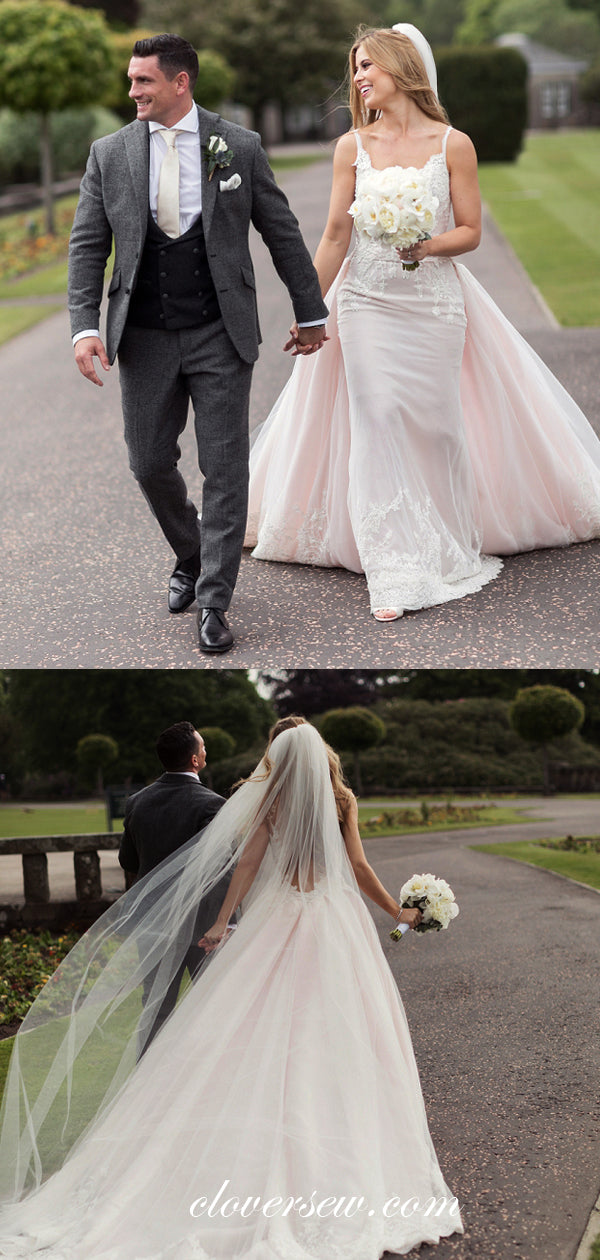 Light Pink Tulle Lace Detachable Skirt Spaghetti Strap Wedding Dresses, CW0058