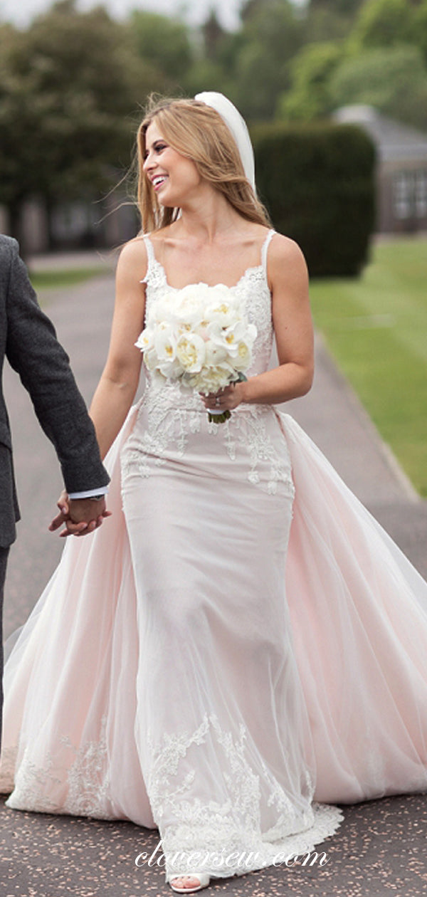 Light Pink Tulle Lace Detachable Skirt Spaghetti Strap Wedding Dresses, CW0058