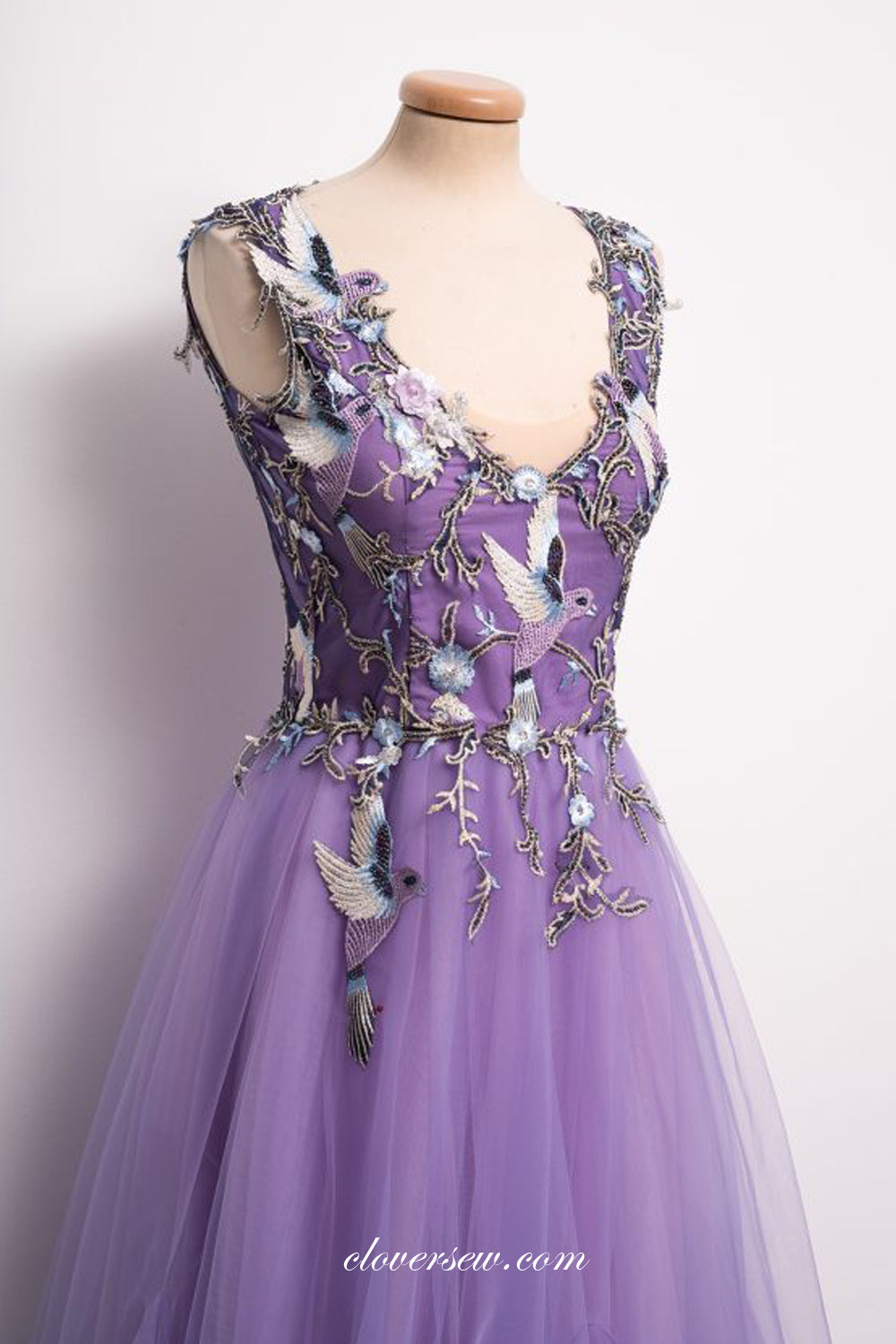 Lilac 3D Embroidery Applique Tulle A-line Fashion Prom Dresses, CP0702