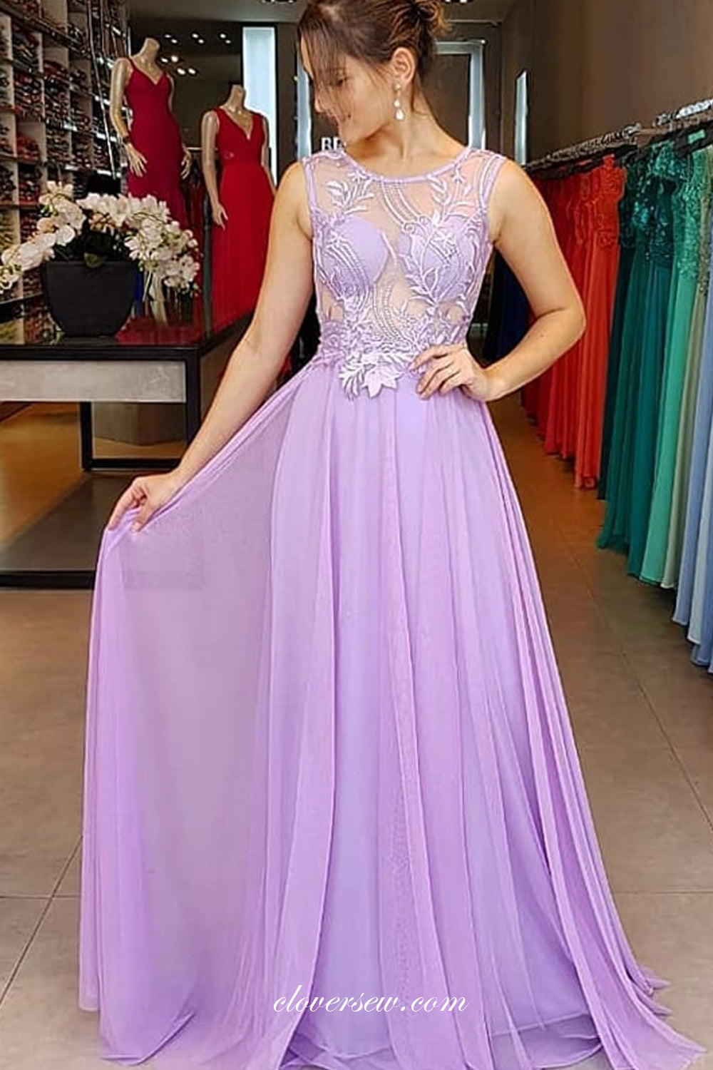 Lilac Chiffon Lace Illusion Top Round Neck Bridesmaid Dresses, CB0246