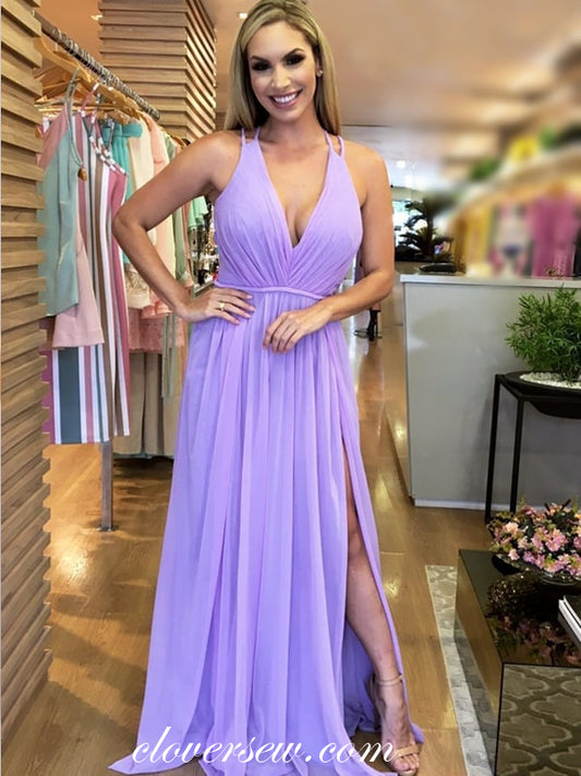 Lilac Chiffon Sleeveless Side Slit A-line Bridesmaid Dresses, CB0237