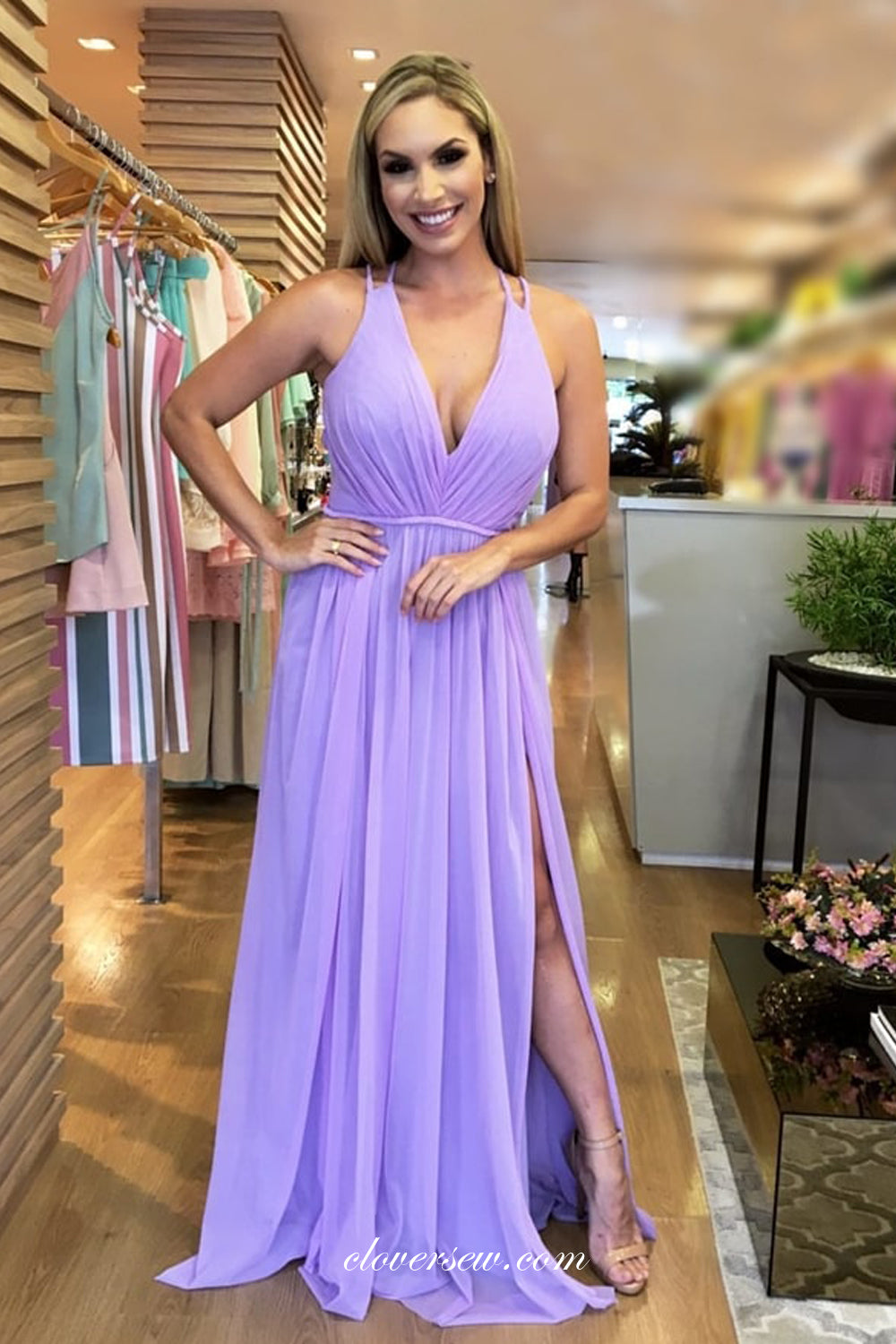 Lilac Chiffon Sleeveless Side Slit A-line Bridesmaid Dresses, CB0237 clover sew Lilac Chiffon Sleeveless Side Slit A-line Bridesmaid Dresses, CB0237 clover sew
