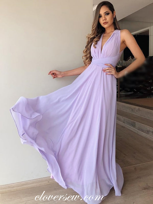 Lilac Chiffon V-neck Sleeveless Elegant Long Bridesmaid Dresses, CB0225