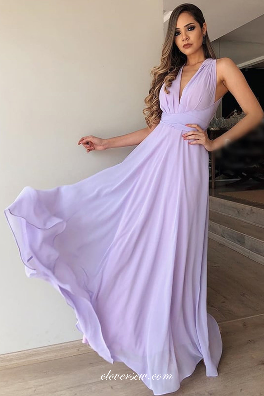 Lilac Chiffon V-neck Sleeveless Elegant Long Bridesmaid Dresses, CB0225