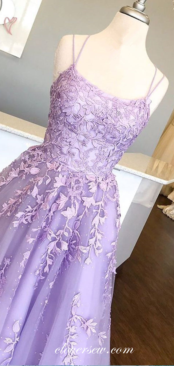 Lilac Lace Applique Spaghetti Strap Lace Up Back Prom Dresses, CP0591 clover sew Lilac Lace Applique Spaghetti Strap Lace Up Back Prom Dresses, CP0591 clover sew