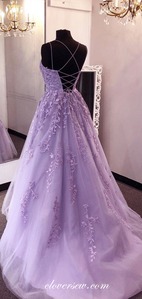 Lilac Lace Applique Spaghetti Strap Lace Up Back Prom Dresses, CP0591