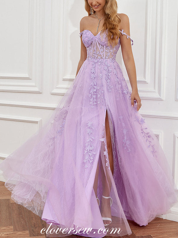 Lilac Lace Applique Sweetheart A-line Side Slit Prom Dresses, CP0810