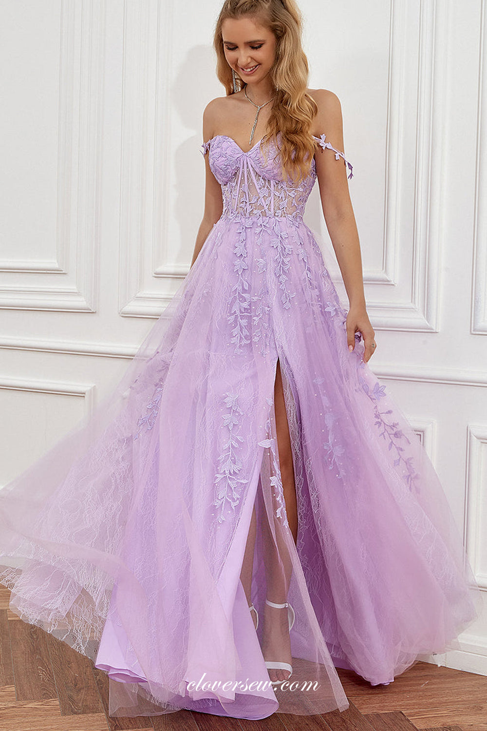Lilac Lace Applique Sweetheart A-line Side Slit Prom Dresses, CP0810 clover sew Lilac Lace Applique Sweetheart A-line Side Slit Prom Dresses, CP0810 clover sew