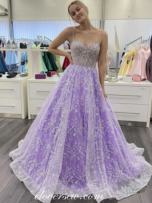Lilac Lace Beaded Spaghetti Strap A-line Prom Dresses, CP0826