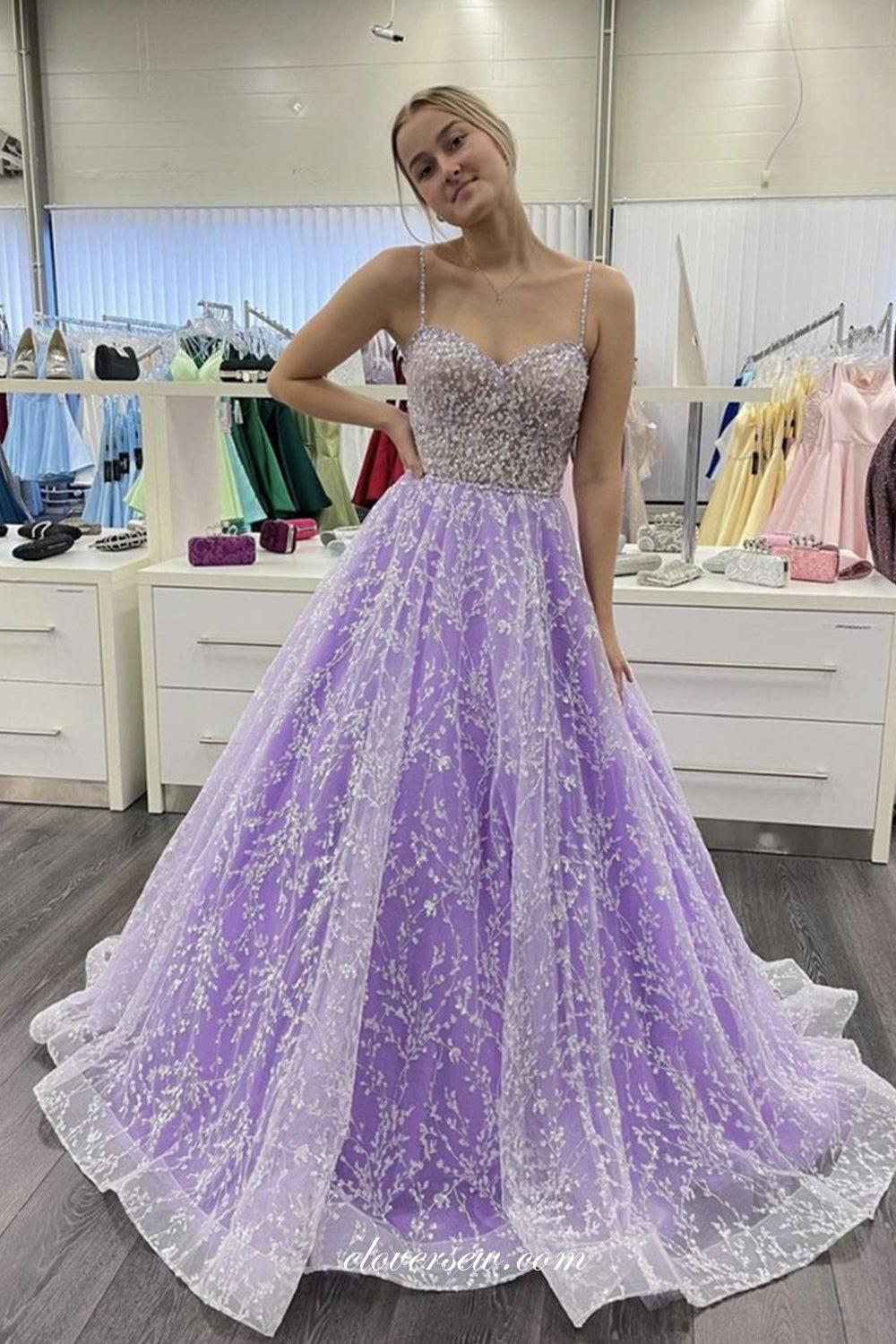 Lilac Lace Beaded Spaghetti Strap A-line Prom Dresses, CP0826