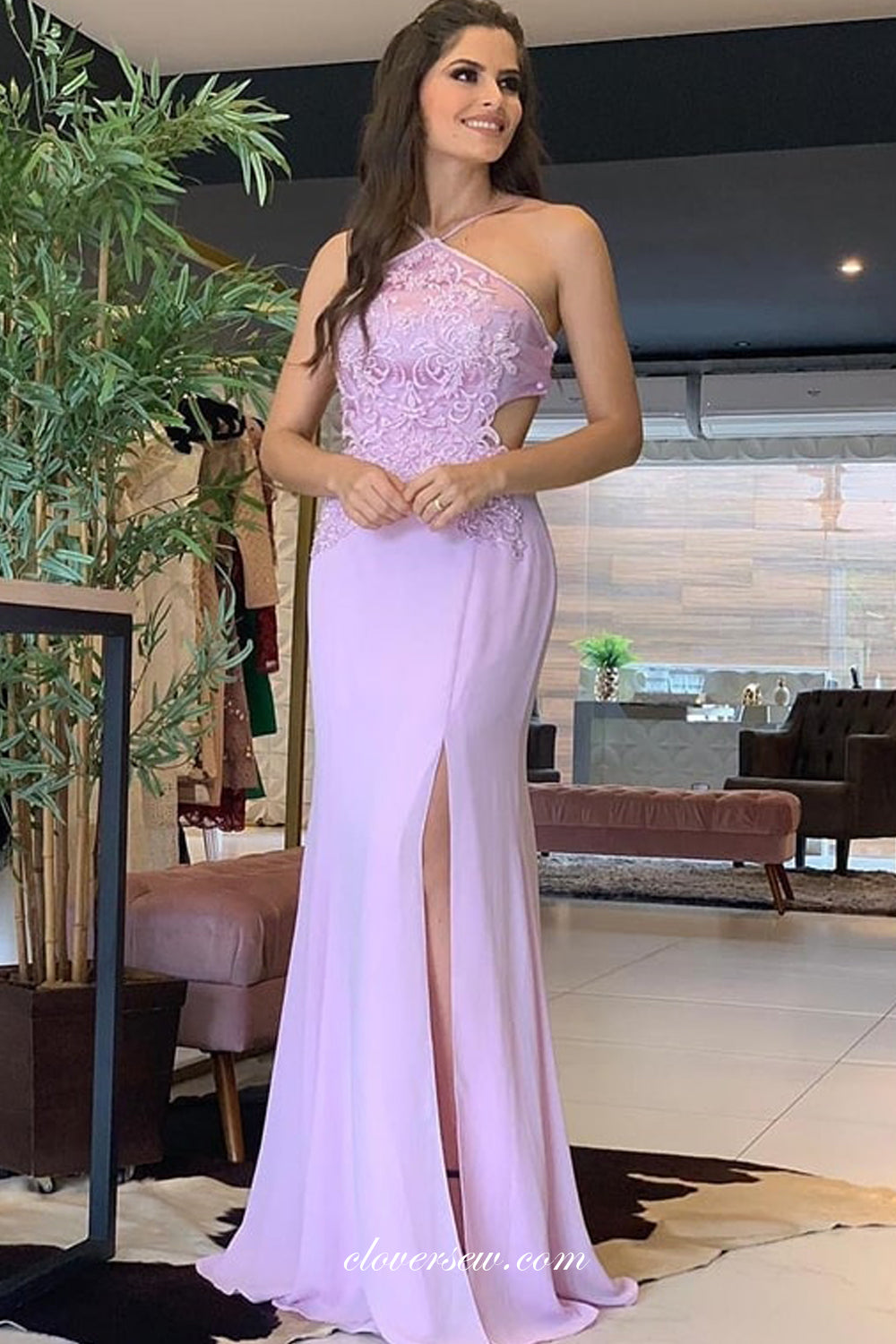 Lilac Lace Chiffon Halter Sheath Bridesmaid Dresses, CB0247 Lilac Lace Chiffon Halter Sheath Bridesmaid Dresses, CB0247