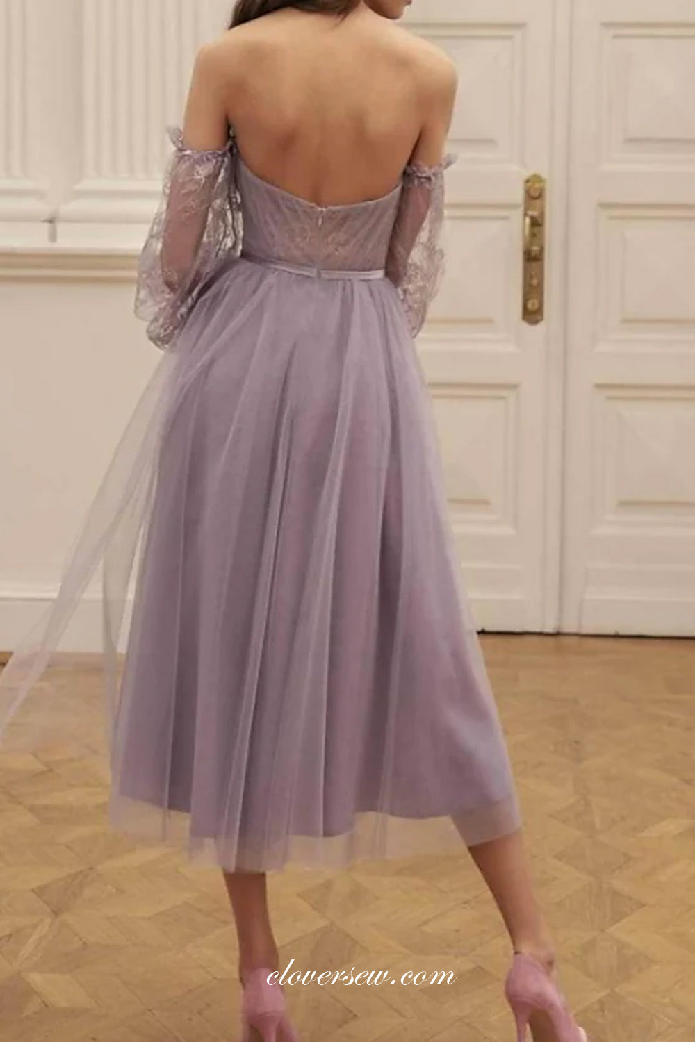 Lilac Lace Tulle Half Sleeves Off The Shoulder Party Homecoming Dresses, CH0036
