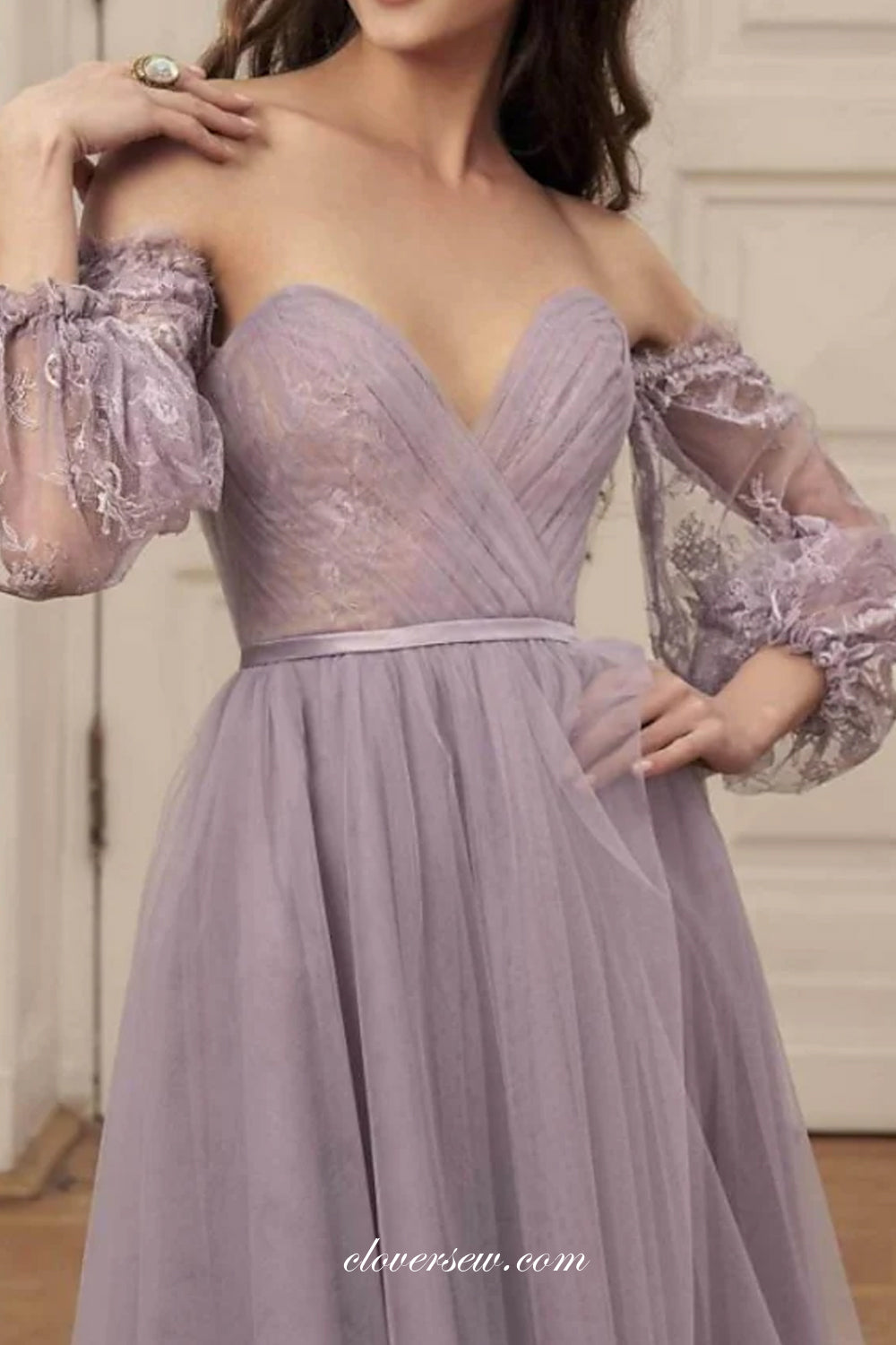 Lilac Lace Tulle Half Sleeves Off The Shoulder Party Homecoming Dresses, CH0036