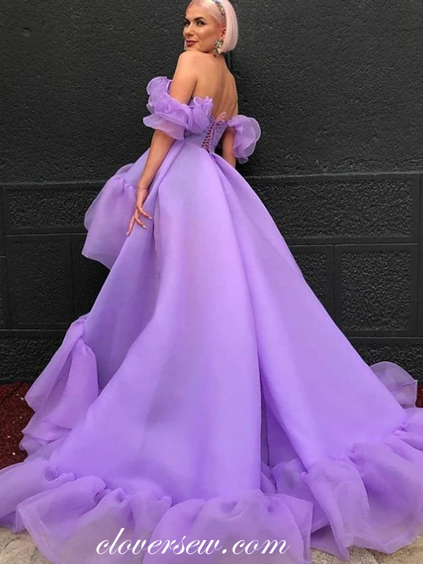 Lilac Ruffles Organza Off The Shoulder High Low Ball Gown Prom Dresses, CP0731
