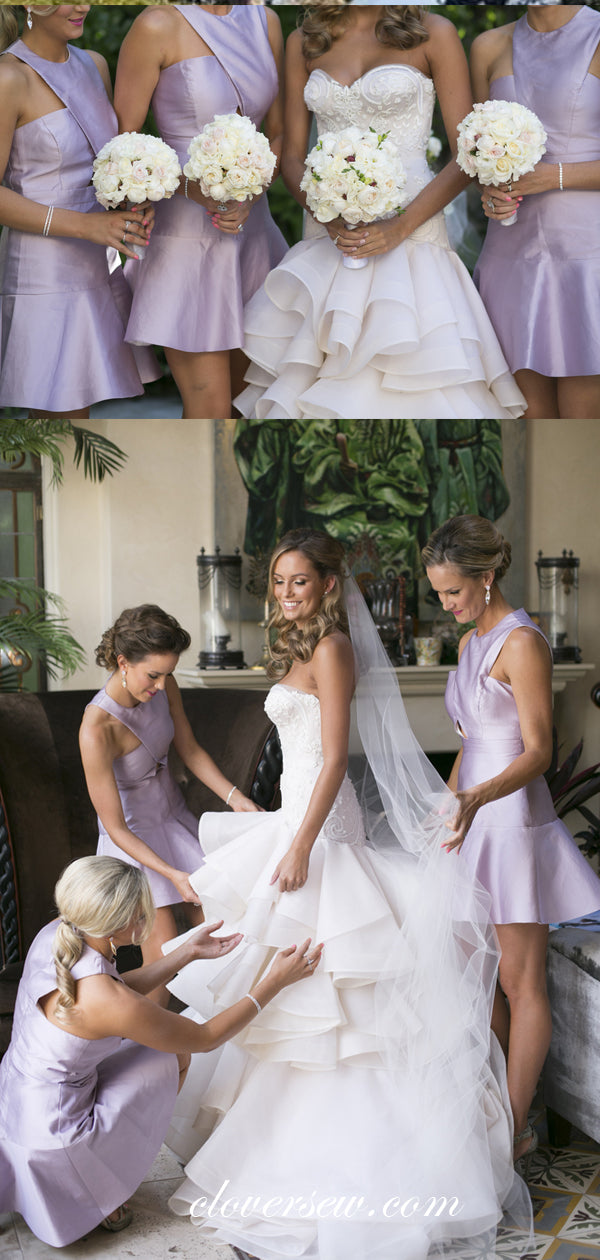 Lilac Satin Criss-cross Mini Short Bridesmaid Dresses ,CB0170