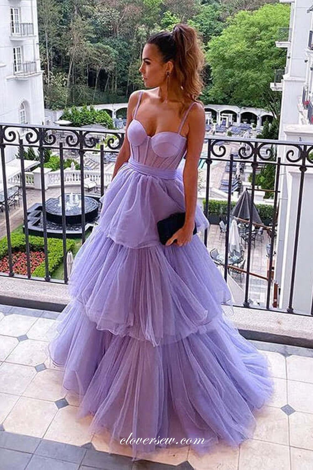 Lilac Tulle Tiered Spaghetti Strap Sweetheart Elegant Prom Dresses, CP –  clover sew